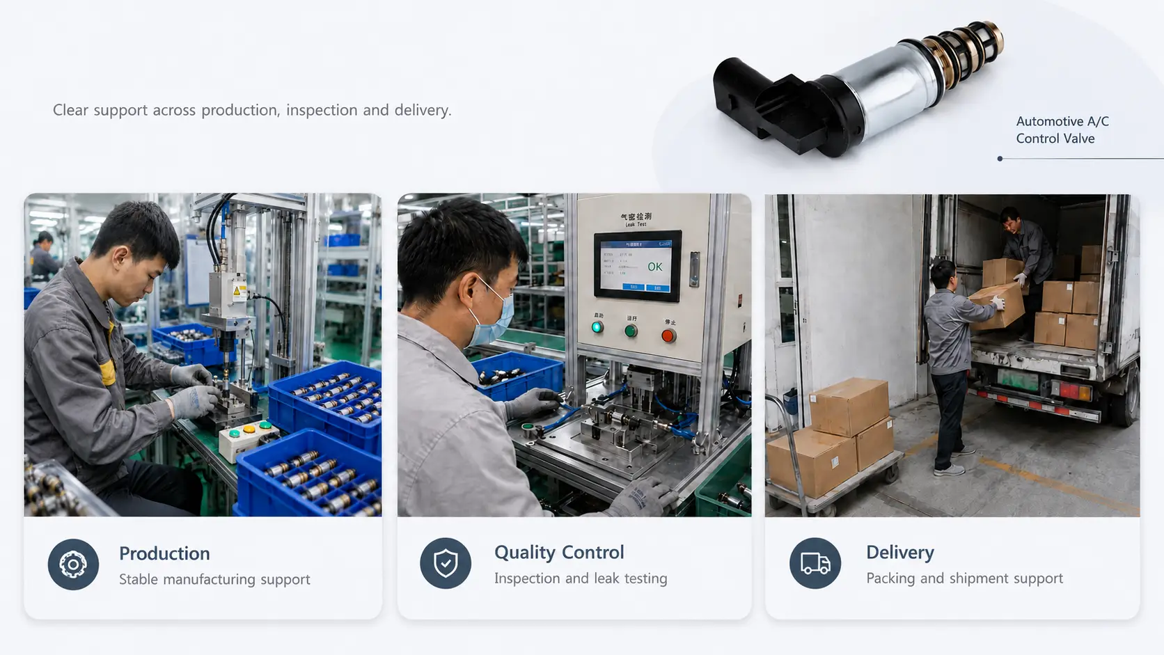 AC compressor control valve production, leak testing and shipment at the C-Loong factory
