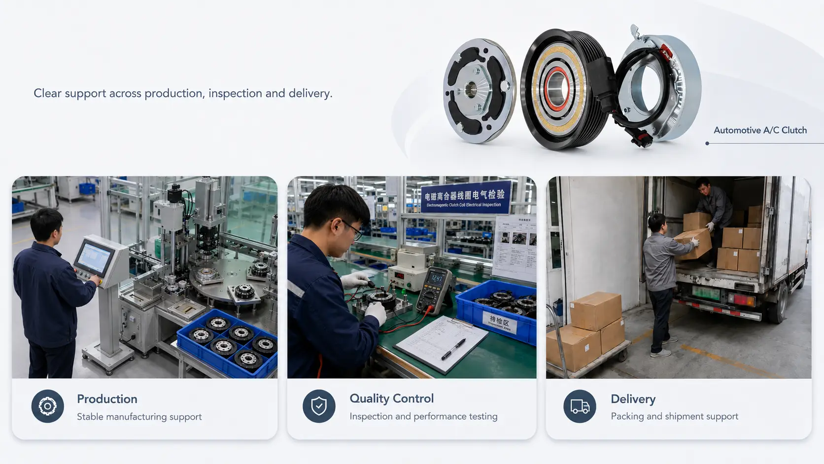 Compressor AC Clutch production, quality inspection, and shipment.