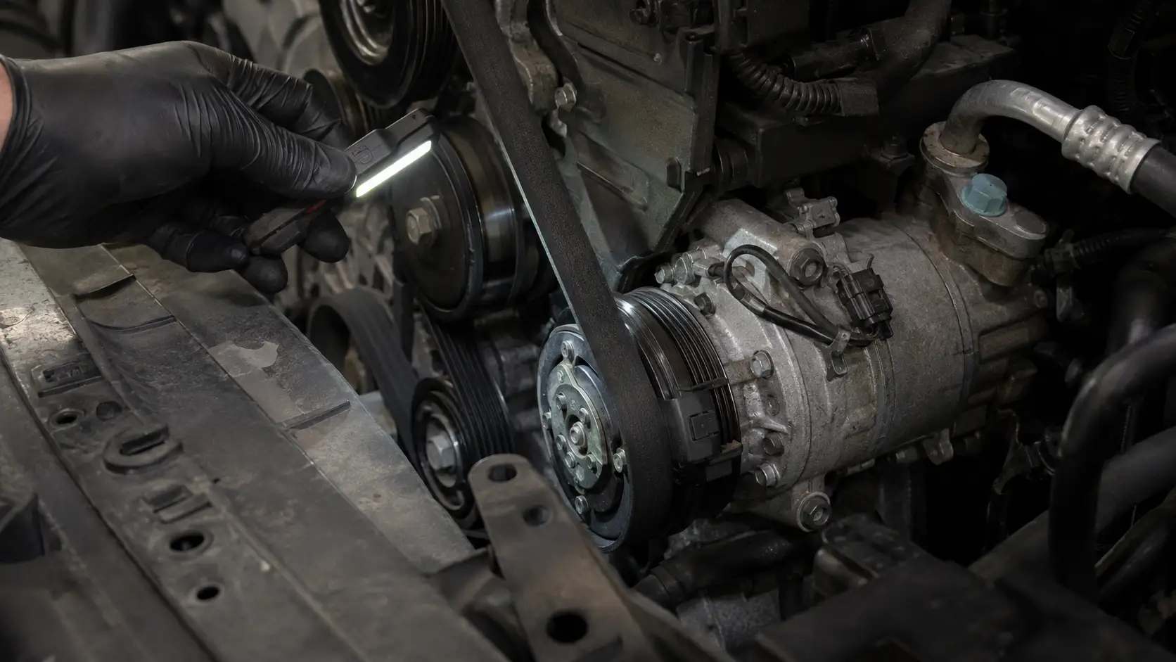Technician inspecting the A/C compressor clutch and pulley in a vehicle engine bay