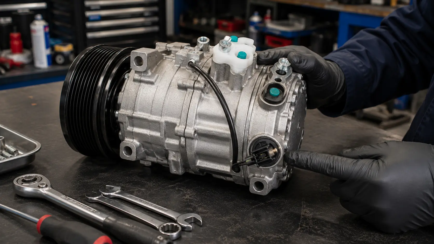 Automotive technician servicing an external A/C compressor control valve on a variable-displacement compressor