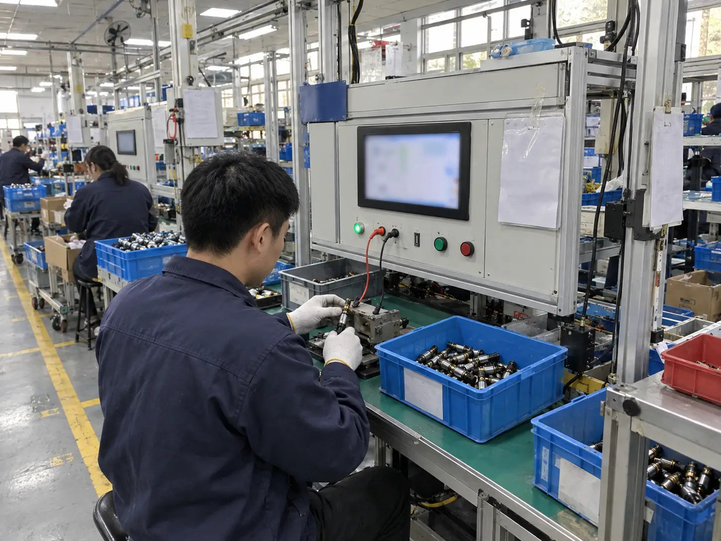 Worker placing an Auto AC compressor control valve into an electrical test fixture, with crates of control valves beside the test station