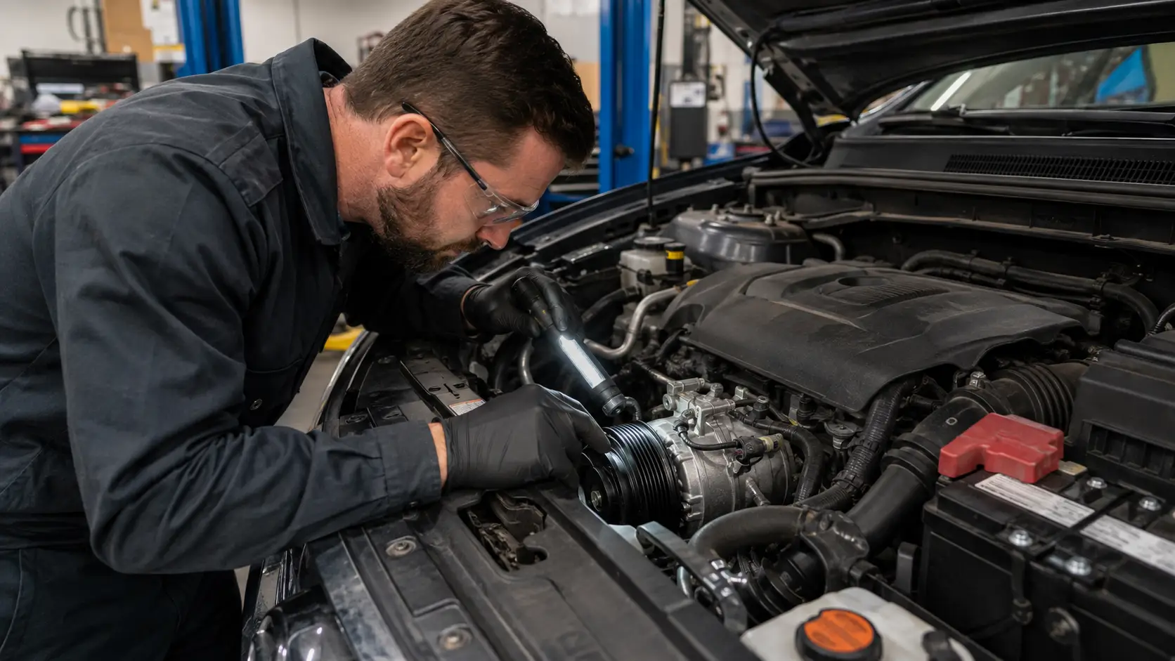 Technician inspecting a car A/C compressor and pulley before replacement