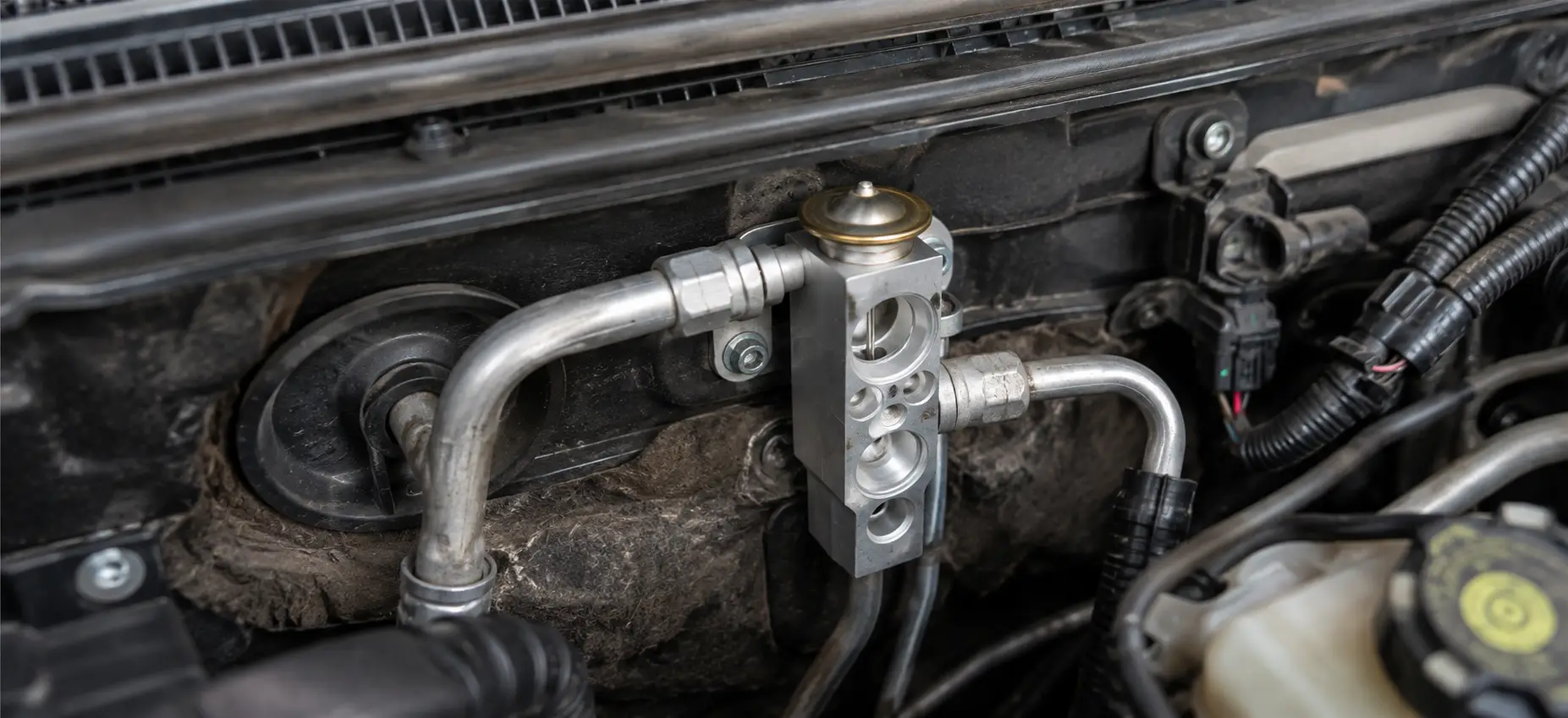 Automotive A/C expansion valve mounted at the firewall with connected aluminum refrigerant lines
