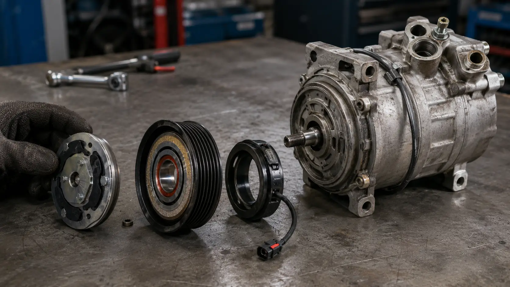 Removed A/C compressor clutch components arranged beside the compressor during replacement
