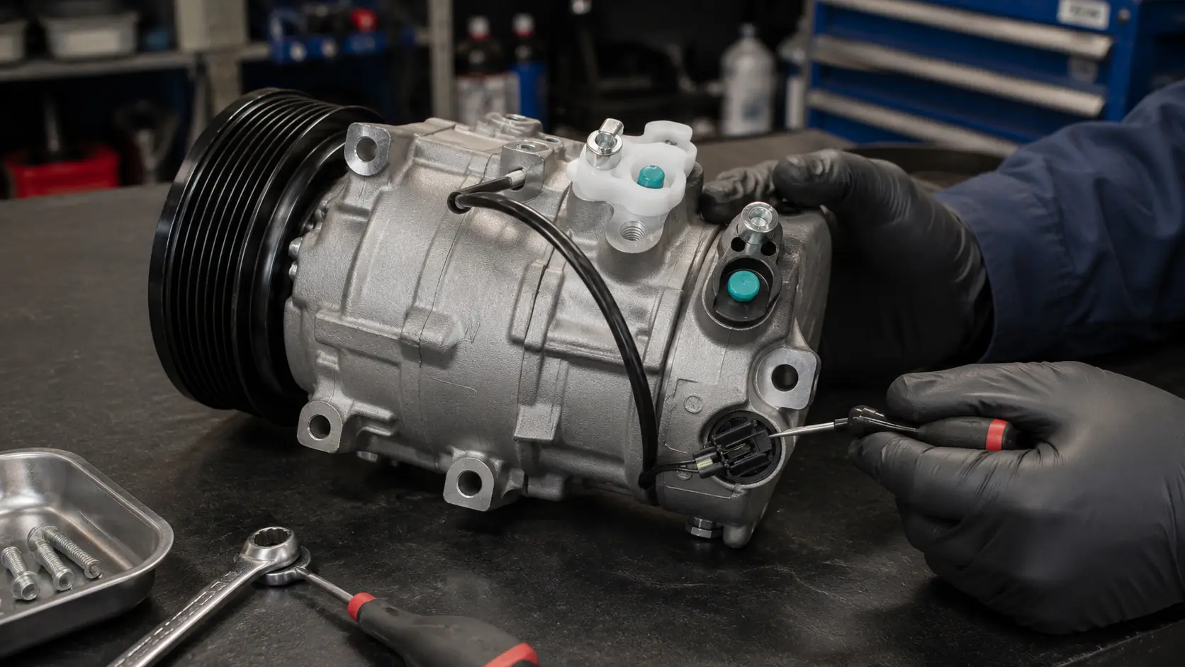 External A/C compressor control valve location on the rear housing of a variable-displacement compressor