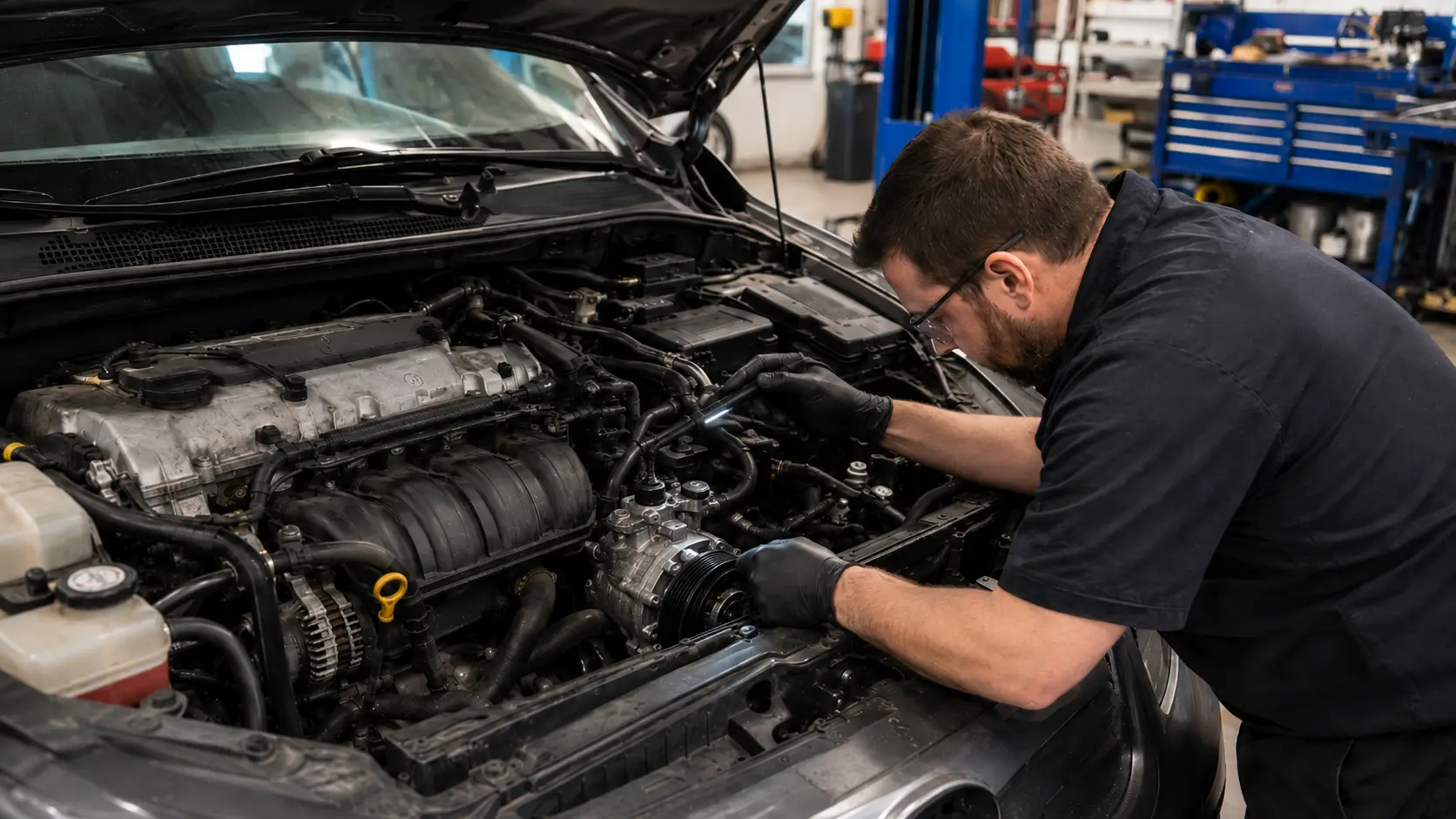 Technician working on a car A/C compressor during replacement in an open engine bay