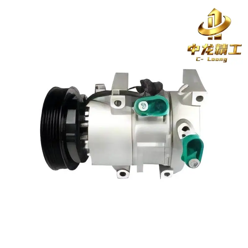 97701-1R000 compressor side view with refrigerant ports, electrical connector and 128 mm pulley