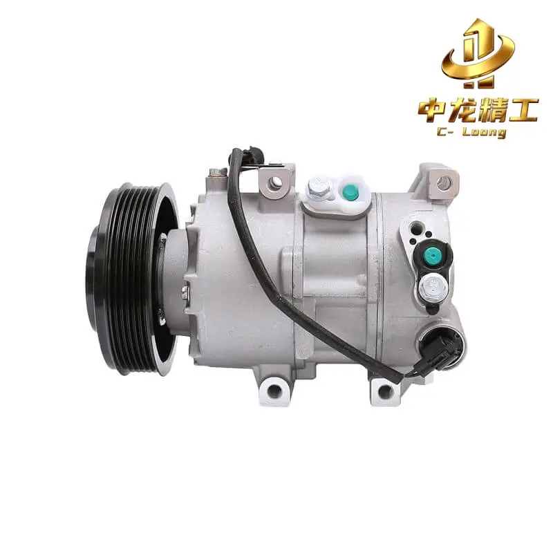 Side view of the 977011R100 Hyundai Accent AC compressor, showing the pulley, wiring and mounting ears
