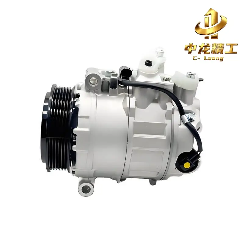 W212 AC compressor for the 2012–2013 Mercedes E350, side view of 6PK pulley, connector and capped ports