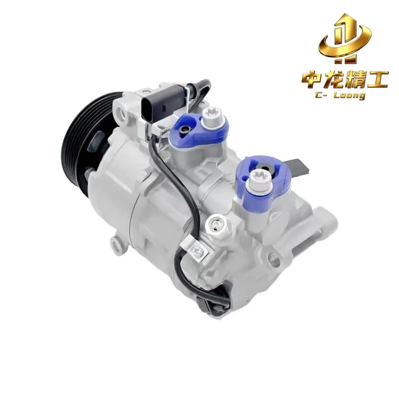 CL-40102 8E0260805 auto AC compressor for Audi A6 C6, top view of capped refrigerant ports and electrical connector