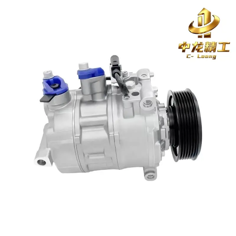 CL-40102 8E0260805BA auto AC compressor, side view showing mounting points and 6PK pulley