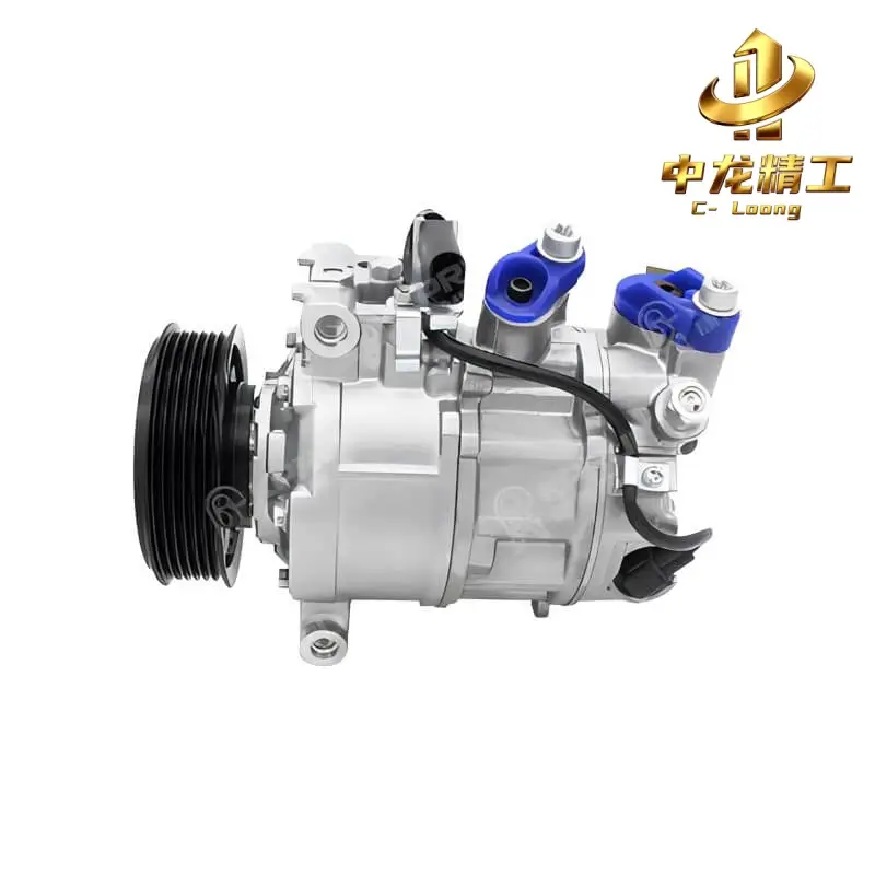 CL-40102 auto AC compressor for Audi A6 C6, side view of refrigerant ports, connector and pulley