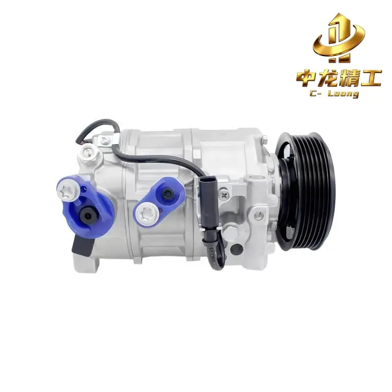 CL-40102 auto AC compressor side view with 6PK pulley, capped suction and discharge ports and wiring