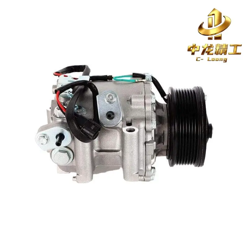 CL-608362 12V AC compressor for Honda Civic 1.8L, side view of refrigerant ports, connector and 7PK pulley