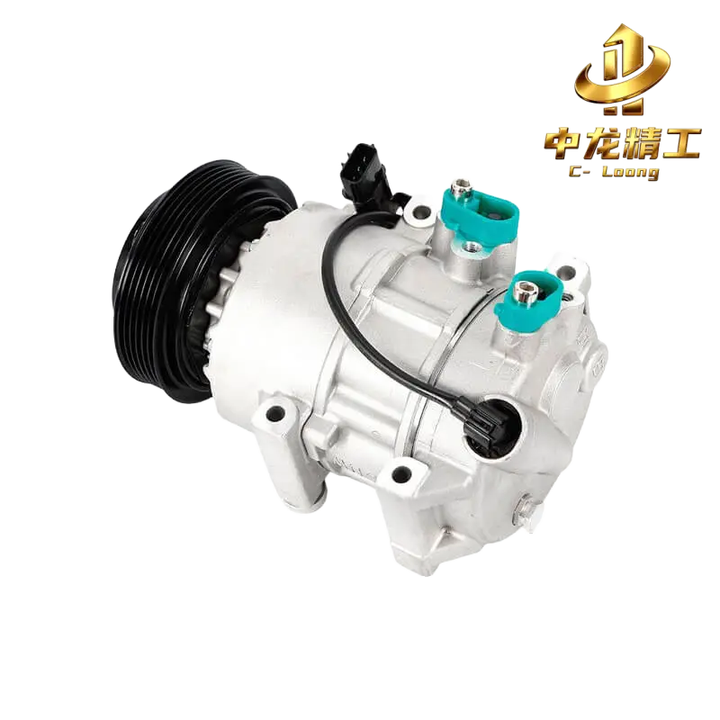 CL-61005 97701-2S500 auto AC compressor, rear view of capped refrigerant ports, wiring and connector