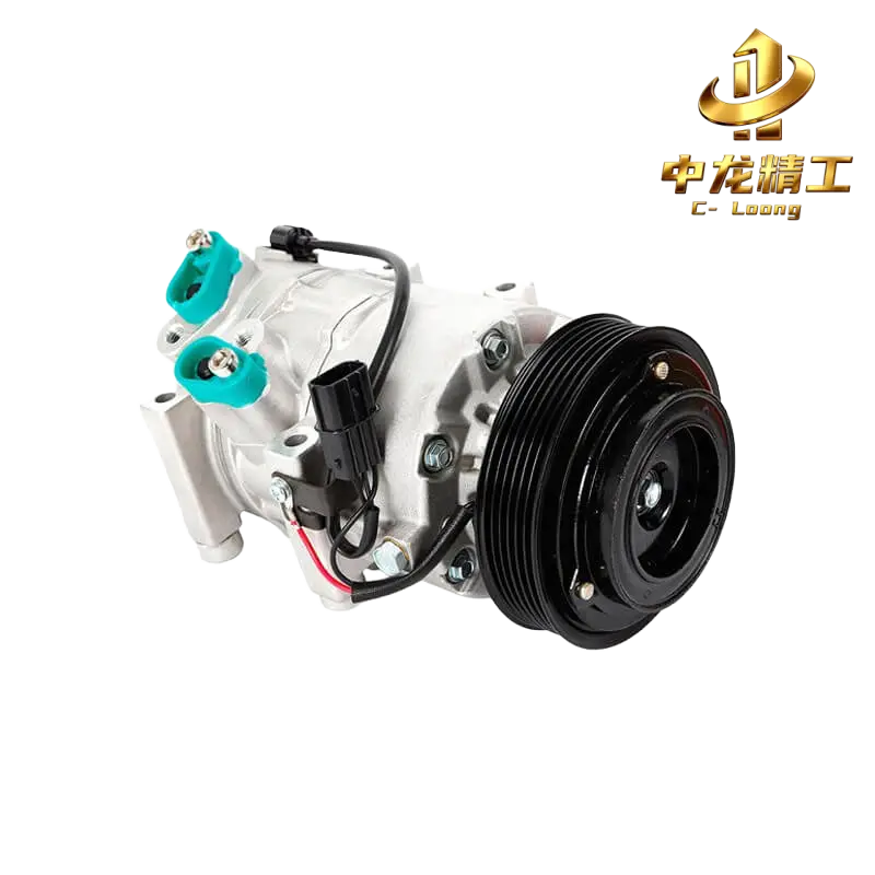 CL-61005 977012S500 12V AC compressor, side view of refrigerant ports, connector and clutch wiring