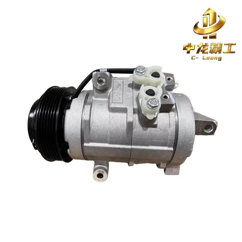 CL-61007 Mazda CX-9 AC compressor, OE TD1561450A, side view showing the clutch pulley, refrigerant port block and mounting points