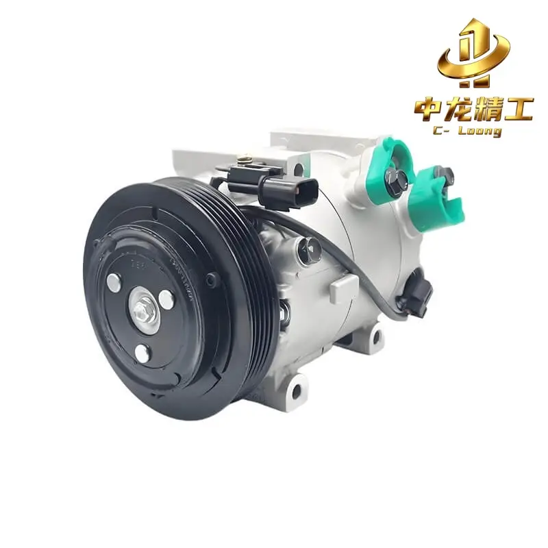 Hyundai i30 AC compressor for the 1.4 petrol i30 and Kia Ceed, VS14E type, front angle showing the 5PK clutch pulley and refrigerant ports
