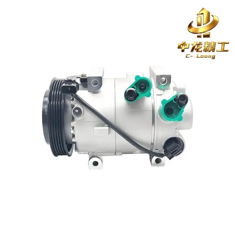 Side view of the Hyundai i30 AC compressor, OE 97701-A6400, showing the capped refrigerant ports, wiring connectors and mounting ears