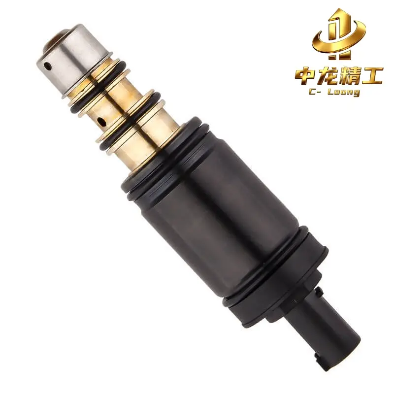 CL-2008 Mercedes-Benz AC control valve, angled view of the brass valve body, O-ring seals and steel end cap