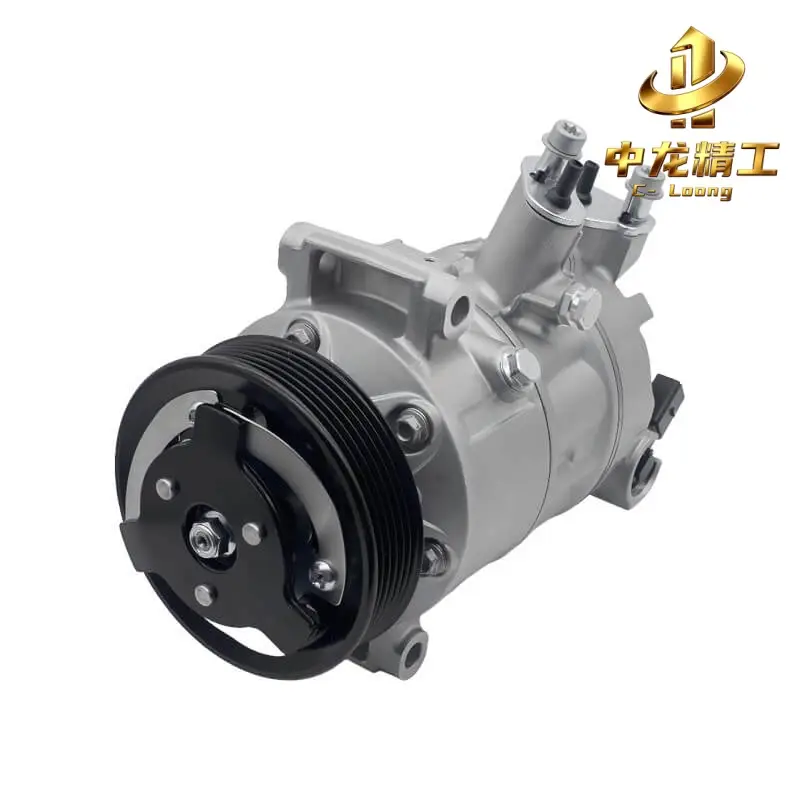 CL-61004 1K0820803E auto AC compressor, rear view of refrigerant ports and electrical connector