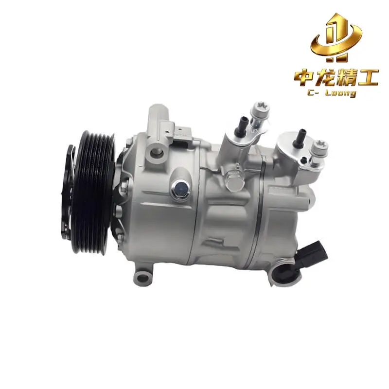 CL-61004 1K0820803F AC compressor for VW Caddy and Audi A3, side view of ports, connector and 6PK pulley