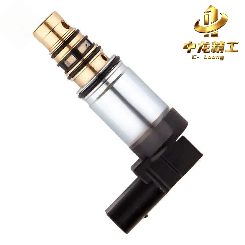 BMW AC compressor control valve with brass-coloured cartridge, black O-rings, silver body and black angled connector