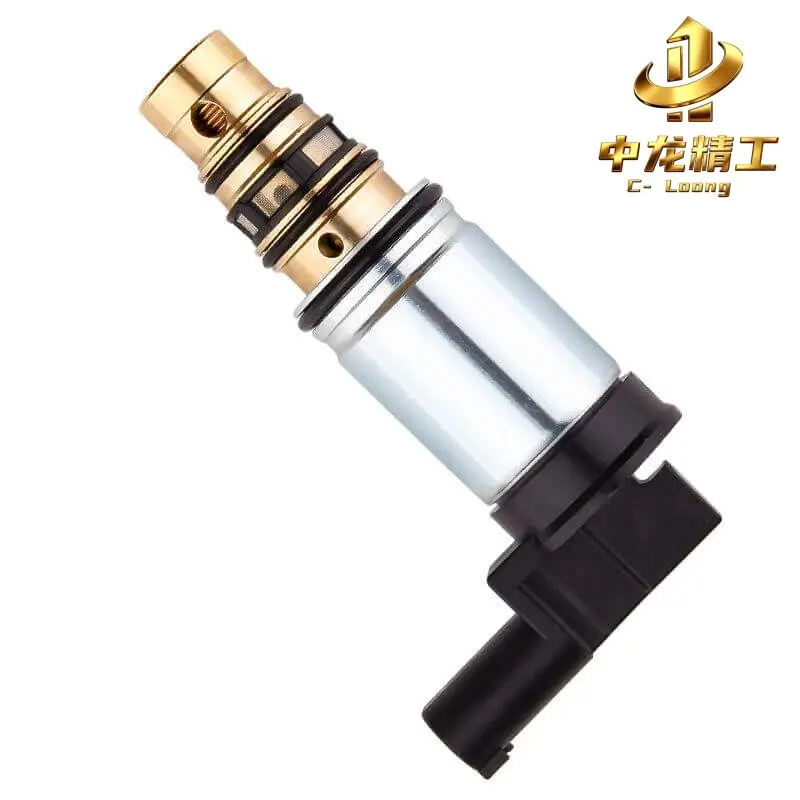 BMW X3 AC compressor control valve with brass-coloured cartridge, filter screen, silver body and black angled connector
