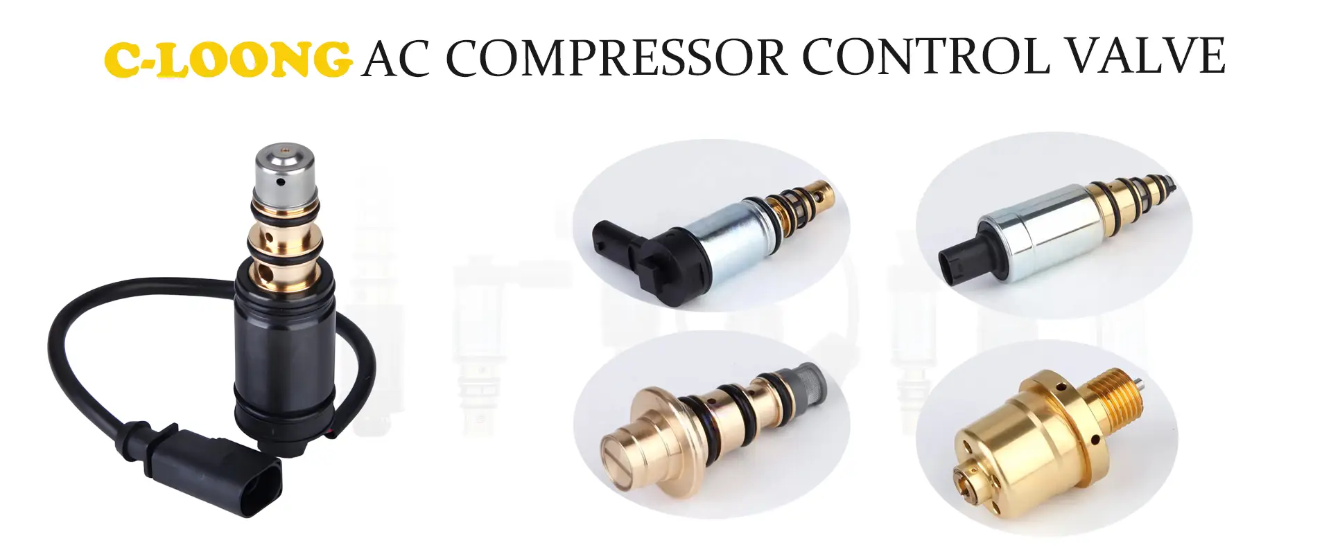 C-Loong AC compressor control valves: three electronic valves with solenoid coils and connectors, and two mechanical valves with no electrical connection