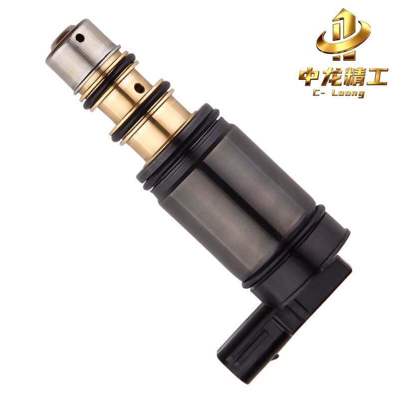 AC compressor control solenoid valve for Mercedes-Benz, diagonal view of silver tip, brass cartridge and connector