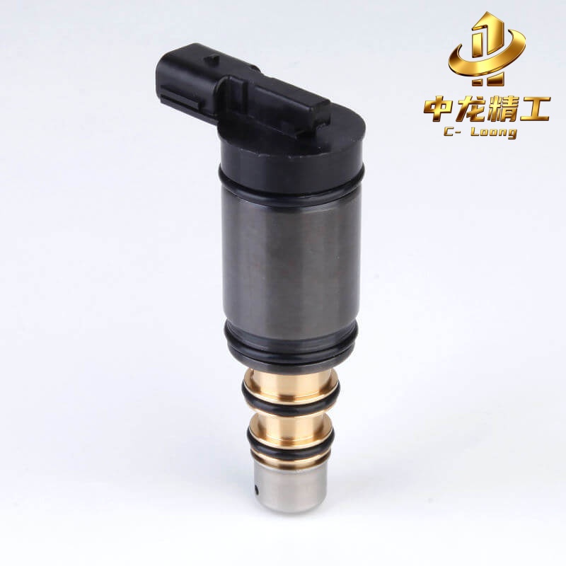 CL-2009 Mercedes AC compressor control valve, side view of black solenoid body, brass cartridge and connector