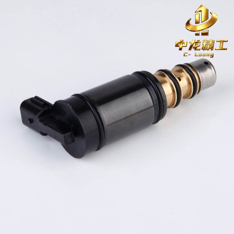 Air conditioner compressor control valve CL-2009, upright view showing connector and brass cartridge with O-rings