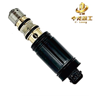 CL-2010 AC compressor control solenoid valve for Denso compressors, showing the black coil body, electrical connector and brass valve stem with O-rings