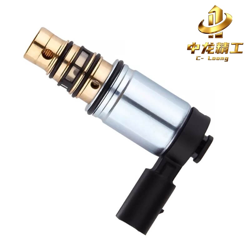 PXE16 solenoid valve CL-3001, angled view showing the brass valve stem at the top and the connector at the bottom