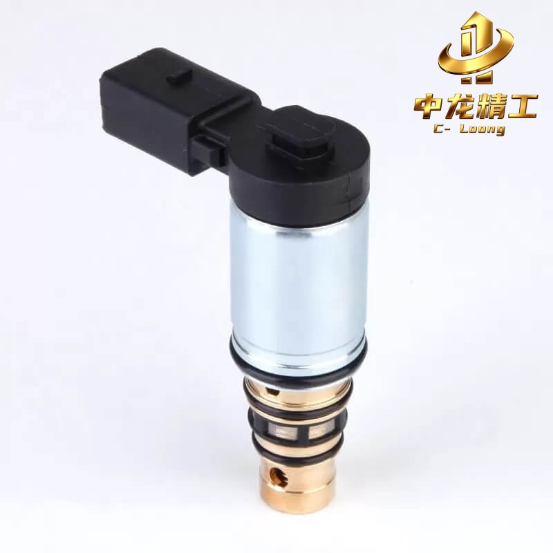 CL-3001 12V electronic Sanden PXE16 control valve for VW, front view of the black connector, silver coil body and brass valve stem with O-rings