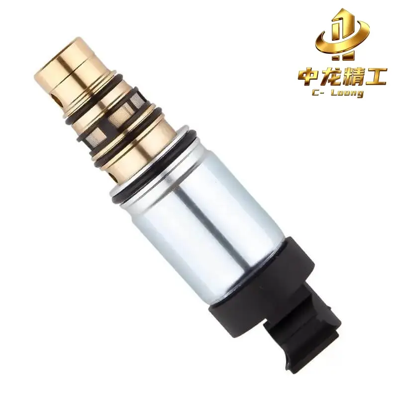 CL-3002 electronic AC compressor control valve, brass cartridge end with O-rings above silver solenoid body