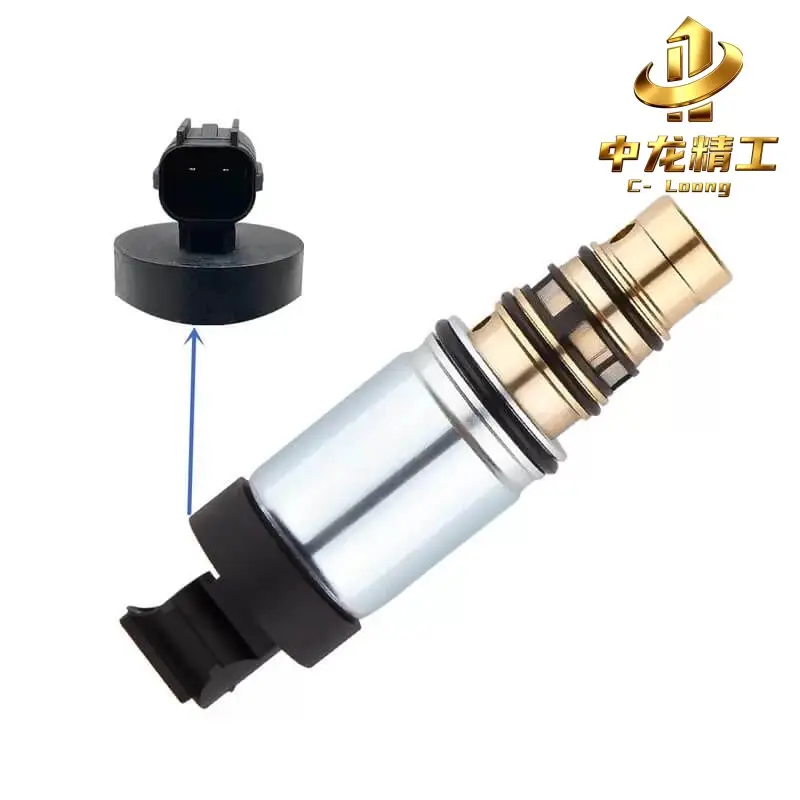 Hyundai AC control valve CL-3002 with close-up of the two-pin black connector and brass cartridge