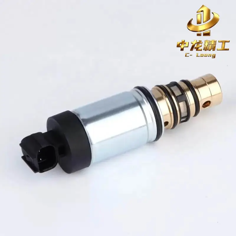 Kia AC compressor control valve CL-3002, side view showing connector, silver body and brass cartridge with filter screen