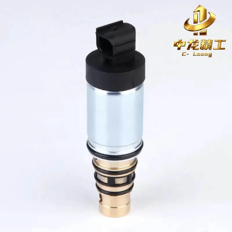 CL-3002 Hyundai AC compressor control valve, front view of silver body, black connector and brass cartridge with O-rings
