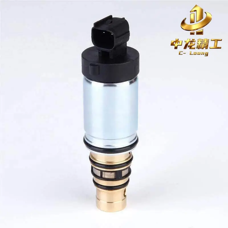 CL-3003 electronic PXE16 control valve for Sanden PXE16 compressors, showing the black connector, silver coil housing and brass valve body with O-rings and filter screen