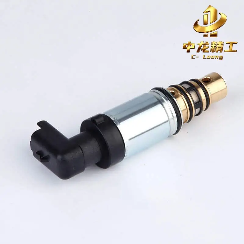Electronic AC compressor control valve on its side, brass-coloured cartridge with filter screen and O-rings