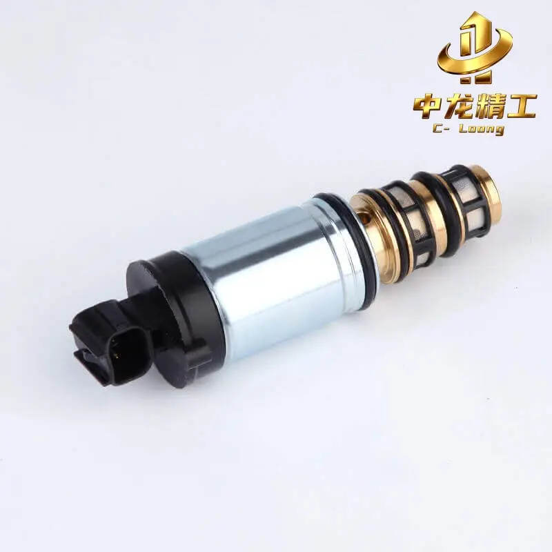 CL-3008 control valve lying on its side, black 2-pin connector in front, silver body and brass cartridge with filter screens