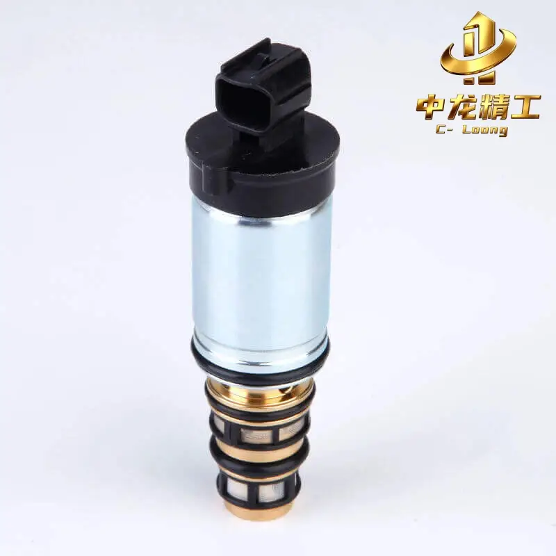 Electronic AC control valve standing upright, black connector on top, silver body, O-rings and brass cartridge below