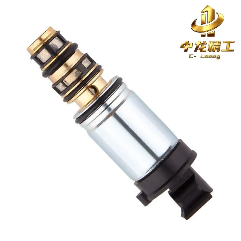 Nissan Sentra AC compressor control valve with brass cartridge, filter screens, O-rings, silver body and black connector end