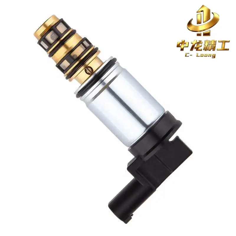 BMW AC compressor solenoid valve CL-3010 with brass cartridge, black O-rings, silver coil body and right-angle connector