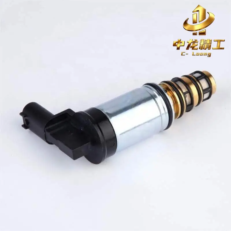 Side view of the solenoid valve lying flat: brass cartridge with mesh filter screens and black O-rings