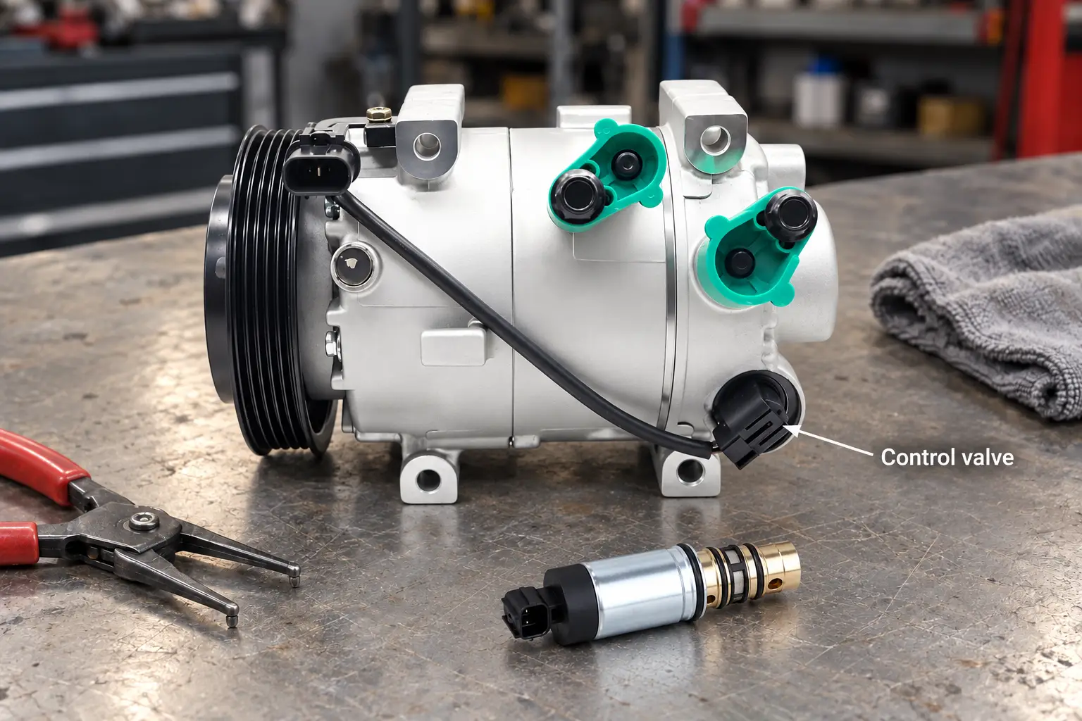 Control valve marked on an AC compressor, with a loose control valve on the bench beside it