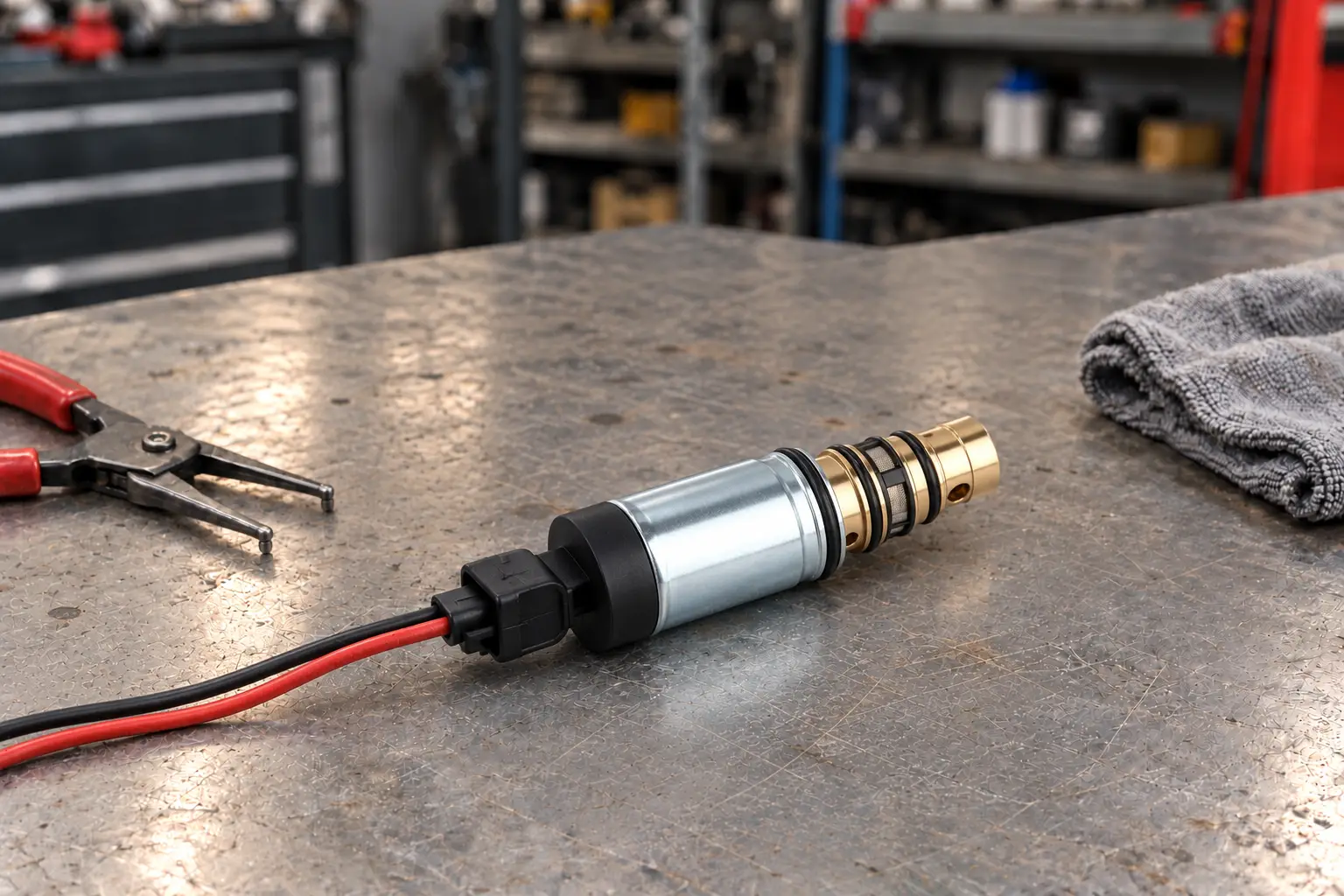 Test lead connected to the connector of an AC compressor control valve